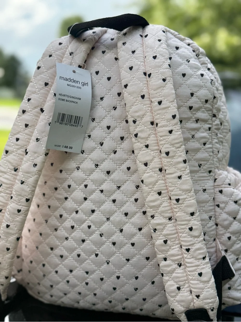 MADDEN GIRL Quilted White Heart Accent Backpack with Black Check Pocket